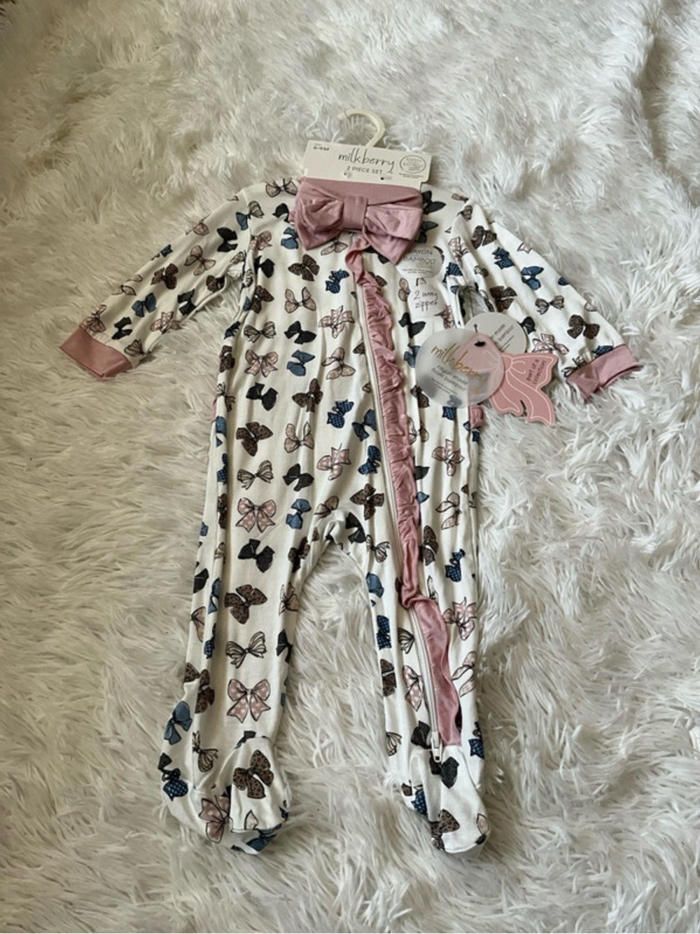 Milkberry Pink Bow-Print Footed One-Piece